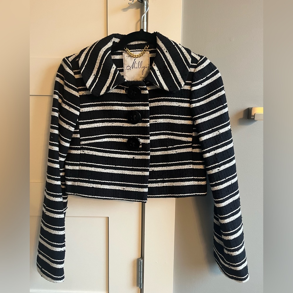 Milly black white cropped jacket blazer size 0 cotton wool blend